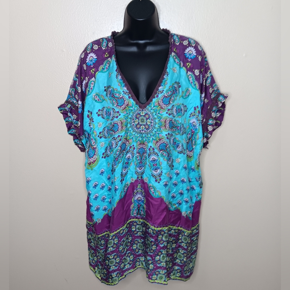 Johnny Was Women's Large Tunic Top 100% Silk Paisley Coverup Boho Designer